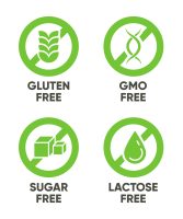 Gluten, GMO, Sugar, Lactose free signs. Set of green symbols with text for allergy, healthy food, natural organic products concept. Vector illustrations isolated on white background